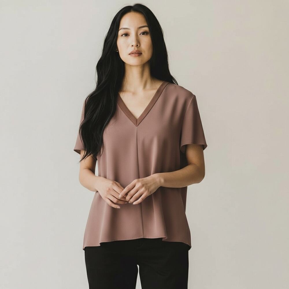 Theory V-Neck Combo Top in Truffle Brown Size Medium EUC